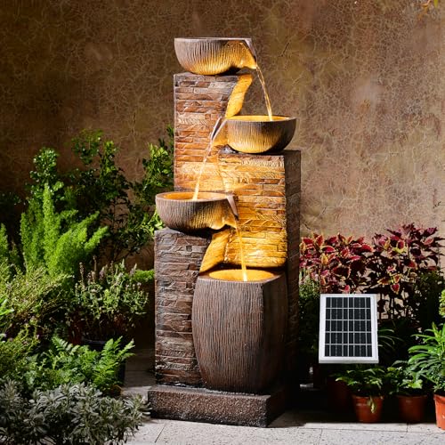 38.2" Tall Solar Water Fountain Outdoor Garden,Stone Texture Modern 4 Tiers Cascading Bowls Garden Fountains Outdoor,Suit for Patio, Deck, Porch, Lawns, Backyard and Home Art Decor - color: Brown 38.2" Solar Powered
