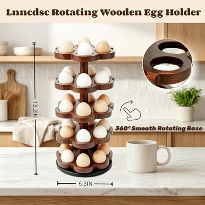 360° Rotating Wooden Egg Holder for 30 Eggs (Brown) | petal-shaped tray, 5 tiers, 6 egg slots per layer, solid wood, farmhouse countertop organizer, for kitchen and Easter display - color: Brown