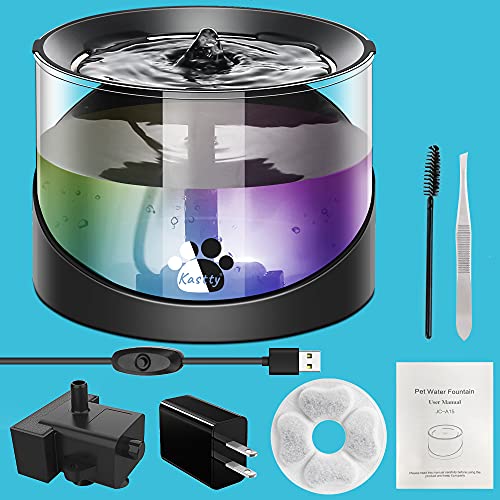 Kastty Cat Water Fountain, Pet Water Fountain for Cats Indoor, Cat Water Dispenser 2.2L/74oz, Super Quiet, Long Life Span Pump, Black+Colorful LED Light