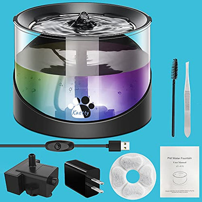 Kastty Cat Water Fountain, Pet Water Fountain for Cats Indoor, Cat Water Dispenser 2.2L/74oz, Super Quiet, Long Life Span Pump, Black+Colorful LED Light