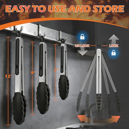 Stainless Steel Kitchen Tongs with Silicone Tips, Locking Grilling Food Tongs, 7" 9" and 12", Set of 3 Black - color: 3pack Black
