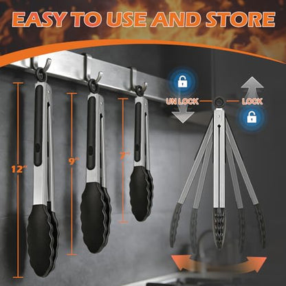 Stainless Steel Kitchen Tongs with Silicone Tips, Locking Grilling Food Tongs, 7" 9" and 12", Set of 3 Black - color: 3pack Black