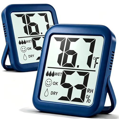 2 Pack Room Thermometer Indoor Hygrometer | Monitor Temperature & Humidity, Accurate, Fast Read, Easy To View, Magnetic/Kickstand/Hanging, ℉/℃, w/ Battery, Compact - color: 2 Pcs* Navy Blue