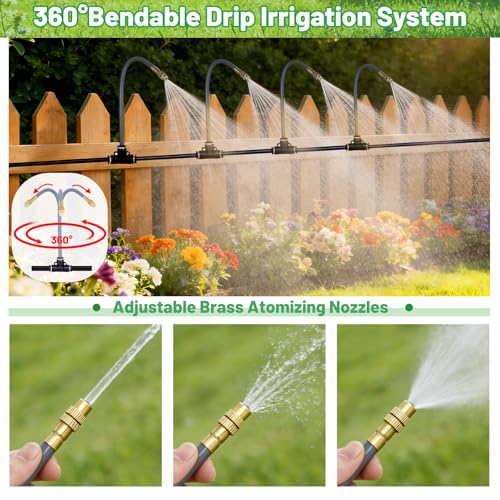 49.2Ft 1/4" Drip Irrigation System 360° Watering Misting System | Garden Bendable Watering Atomizing System with 12 Nozzles for 1/4 inch Irrigation Tubing(Include 49.2Ft 1/4" Tubing) - size: 49.2FT 1/4" Tubing