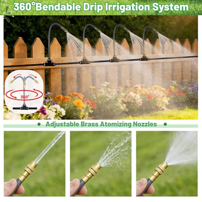 49.2Ft 1/4" Drip Irrigation System 360° Watering Misting System | Garden Bendable Watering Atomizing System with 12 Nozzles for 1/4 inch Irrigation Tubing(Include 49.2Ft 1/4" Tubing) - size: 49.2FT 1/4" Tubing