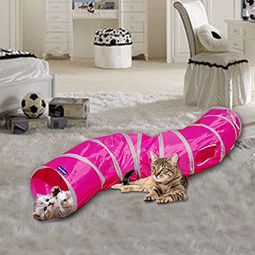 PetLike S Way Cat Tunnel Collapsible Pop-up Pet Tube Hideaway Play Toy with Ball (S-Way, Rose Red) - color: Rose Red, size: S-Way