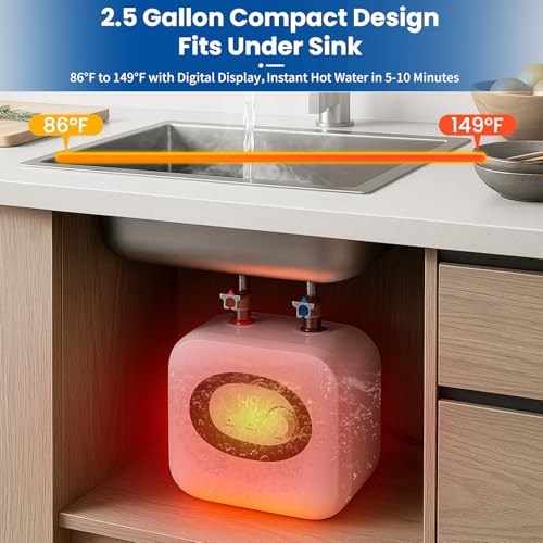 2.5 Gallon Electric Water Heater, 1500W 110V Mini-Tank Under Sink Instant Hot Water Heater with Pressure Relief Valve, for Kitchen, RV, Laundry, Food Truck, Wall/Floor Mounted