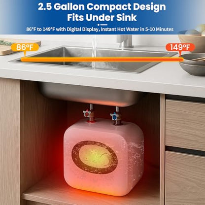 2.5 Gallon Electric Water Heater, 1500W 110V Mini-Tank Under Sink Instant Hot Water Heater with Pressure Relief Valve, for Kitchen, RV, Laundry, Food Truck, Wall/Floor Mounted