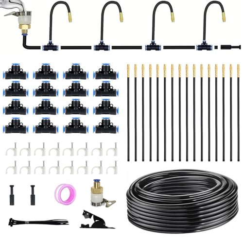 50 FT Drip Irrigation System 5/16 Inch Tubing with 16 Nozzles, Automatic Watering Misting System, Adjustable Sprinkler for Garden, Lawn, Plants, and Raised Bed - size: 50FT