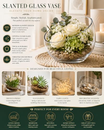 Slant Cut Bowl Glass, Glass Fish Bowl Vase, 6" Height x 7" Width Fruit Jar, Candy Dish, Clear Terraium, Flower Centerpiece - size: Slant Bubble Bowl : 6" Height x 7" Width