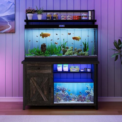 55-75 Gallon Fish Tank Stand with Storage, Aquarium Stand with Shelf, Oak | 49.2 x 19.7 In Top, Upper Shelf, LED Light, 2 Outlets, 2 USB Ports, Metal Frame Support, Turtle Tank Stand, 1100 LBS - color: Oak
