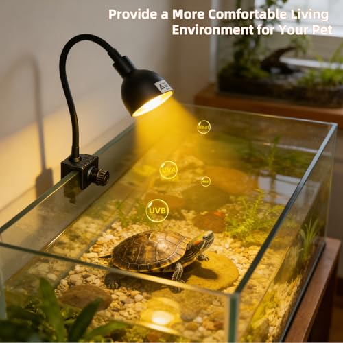 COOSPIDER 50W Turtle Basking Light Reptile Heat Lamp with Clamp & Timer | Fixture 360° Rotatable Hose with 2 Spare G9 Base Bulbs for Plants Small Reptiles Bearded Dragon Lizard Snake
