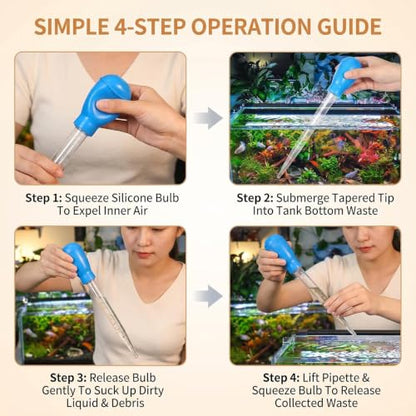 Aquarium Cleaning Pipette Manual Gravel Cleaner Tool 2 Pack | Clear acrylic tube with soft silicone bulb; pointed tip for waste suction; for small tank cleaning partial water change