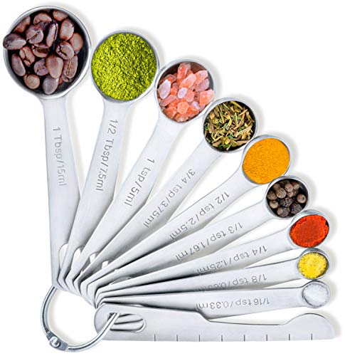 BALCI Stainless Steel Measuring Spoons - Set of 9 + Leveler | Heavy duty 18/8 stainless steel measuring spoon set with US & metric measurements for dry and liquid ingredients. - size: 9 Spoons and Leveler