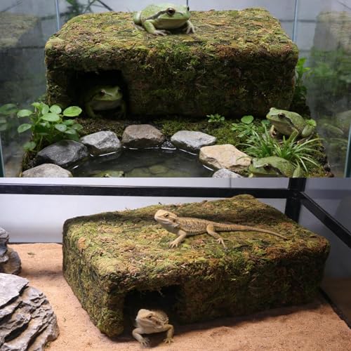 Yellow Mossy Cave Hide for Reptiles, Lizard Gecko Snake Shelter Hut | Yellow Color Lizard Moss Hideout, Snake Cave Hut, for Themed Terrarium Ideal for Gecko Hamster Snake to Rest & Hide
