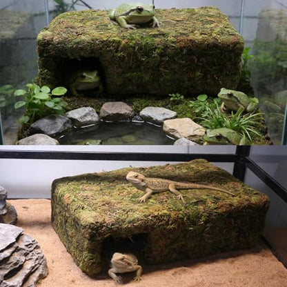Yellow Mossy Cave Hide for Reptiles, Lizard Gecko Snake Shelter Hut | Yellow Color Lizard Moss Hideout, Snake Cave Hut, for Themed Terrarium Ideal for Gecko Hamster Snake to Rest & Hide