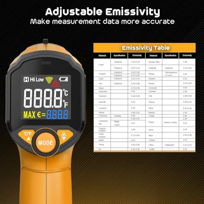 Infrared Thermometer Gun,SQECH Laser Thermometer Gun -58℉～1112℉(-50℃～600℃),Non-Contact Temperature Gun with Adjustable Emissivity&Color Backlight for Cooking, Pizza Oven,BBQ,Fridge,Engine,HVAC(Yellow) - color: Yellow(-58℉～1112℉)