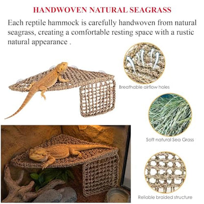 Triangle Bearded Dragon Hammock with Built-in Steel Frame, Flat Stable Corner Reptile Hammock, Handwoven Seagrass Lizard Bed & Climbing Ladder for Reptile Tank Accessories