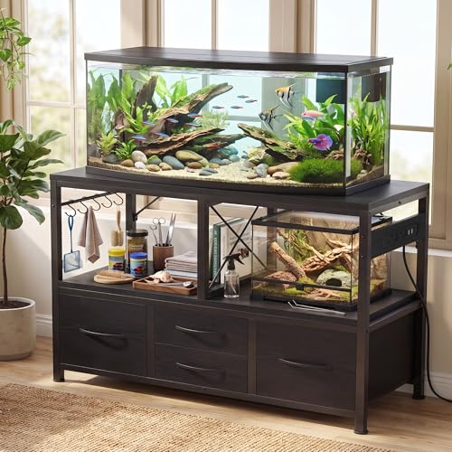 Heybly 55-75 Gal Fish Tank Stand with Drawer, Power Outlet, Black HAS005BK | Aquarium Stand, Heavy Duty, for Fish Tank, Turtle & Reptile Terrarium, 48" L × 18.1" Top, 660lbs (Top)+400lbs(Mid) - color: Black, size: 55-75 gal