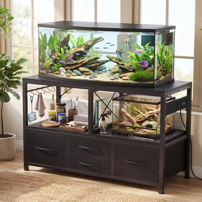 Heybly 55-75 Gal Fish Tank Stand with Drawer, Power Outlet, Black HAS005BK | Aquarium Stand, Heavy Duty, for Fish Tank, Turtle & Reptile Terrarium, 48" L × 18.1" Top, 660lbs (Top)+400lbs(Mid) - color: Black, size: 55-75 gal