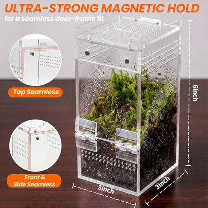 Jumping Spider Enclosure - 3x3x6 Acrylic Tarantula Enclosure Reptile Habitat with Front & Top Magnetic Doors, 0.04" Ventilation Holes Pre-Assembled Terrarium for Spiders, Mantis, Snails, Lizards - size: 3x3x6inch