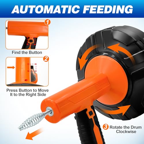 Drainsoon Auto Feed Drain Auger with Drill Adapter, 33 Feet Drain Snake Hair Clog Remover, Manual or Powered Plumbing Snake Drain Cleaner for Bathroom, Shower, Kitchen Sink, Comes with Gloves - color: Orange