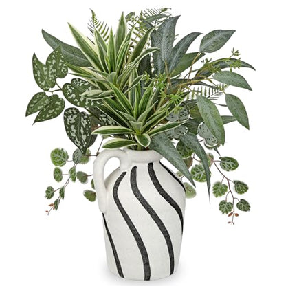 Artificial Greenery Arrangement with Cement Vase, Fake Potted Plants in Rustic Jug Planter, Faux Leaf Bouquet for Table Centerpiece, Farmhouse Home Decor, Dining Room, Living Room, Shelf Decoration