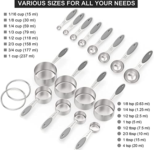 Wildone Stainless Measuring Cups and Spoons Set with Silicone Handle, 16pcs | 8 Measuring Cups and 8 Measuring Spoons, Nesting Design, Heavy Duty for Measuring Dry/Liquid Ingredients, Gray - color: Gray