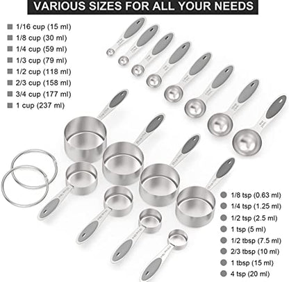Wildone Stainless Measuring Cups and Spoons Set with Silicone Handle, 16pcs | 8 Measuring Cups and 8 Measuring Spoons, Nesting Design, Heavy Duty for Measuring Dry/Liquid Ingredients, Gray - color: Gray