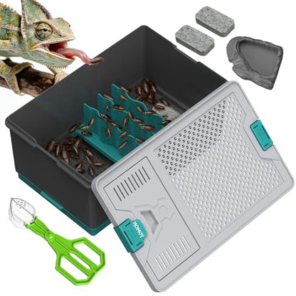 Self-Cleaning Reptile Feeder Insect Habitat with Escape-Proof Lid, Removable Climbing Frame, Water Sponge & Bug Spoon – Cricket/Roach Enclosure, Easy-Clean, Ventilated for Lizards, Frogs & Pets
