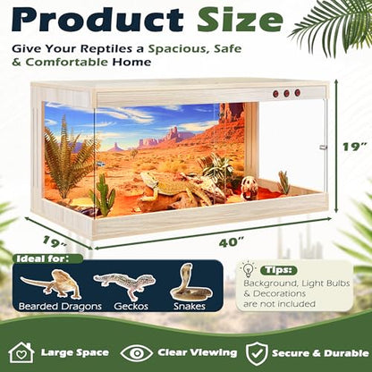 ROYXEN Reptile Enclosure,60 Gallons Reptile Tank with Wooden Top and Lockable Design,Tempered Glass Bearded Dragon Tank for Lizard Gecko Habitat (Oak,40" x 19" x19")