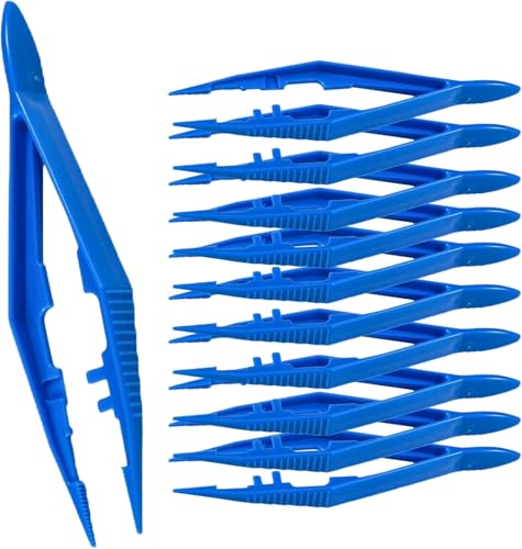 Vakly Disposable Plastic Forceps Tweezers Blue (10 Pack) – Serrated Tip Pickup Tweezers with Finger Ridges & Narrow Points for First Aid, Medical, Lab, Crafts & School Science