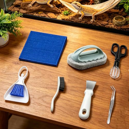 Reptile Tank Cleaner with Cloth Tweezer Feeding Tongs Scraper | Lizard Gecko Tank Cleaning Kit for Lizard Gecko Snake Turtle Frog Home Terrarium Enclosure