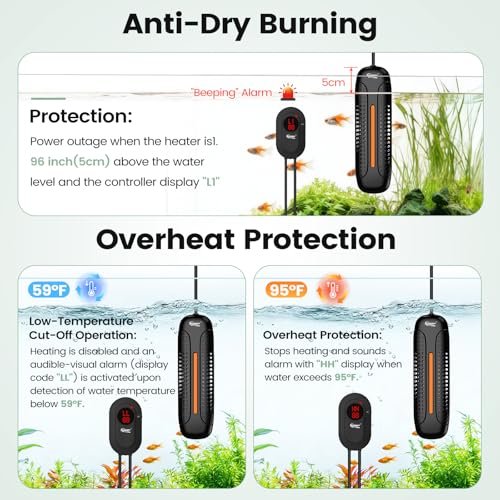 hygger 800W Aquarium Heater with Controller, Submersible Fish Tank Heater Intelligent Leaving Water Automatica Stop Heating and Overheat Protection, 80-220 Gal Turtle Heaters for Freshwater Saltwater - size: M-800W for 80-220 Gallon
