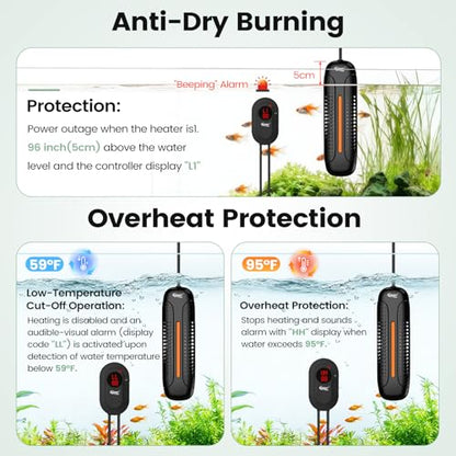 hygger 800W Aquarium Heater with Controller, Submersible Fish Tank Heater Intelligent Leaving Water Automatica Stop Heating and Overheat Protection, 80-220 Gal Turtle Heaters for Freshwater Saltwater - size: M-800W for 80-220 Gallon