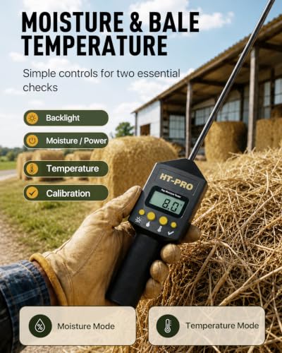 Hay Moisture Tester with 20" Probe, Moisture & Temperature Meter for Round and Square Hay Bales, Fast Backlit Readings, Calibration Clip Included, BlackYellow - color: Blackyellow