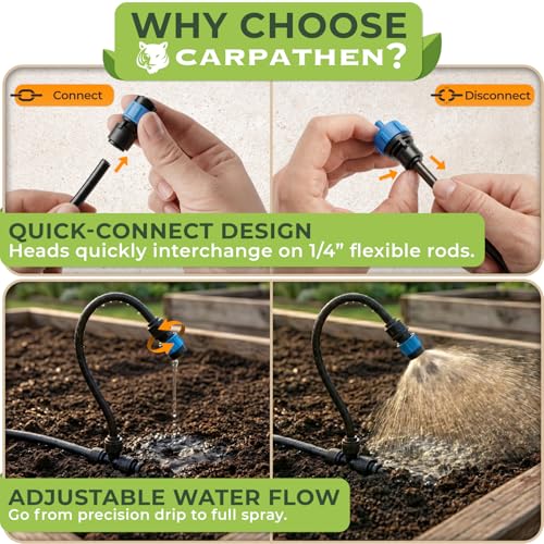 Drip Irrigation System Kit with Atomizing Copper Nozzles, 50 feet | For Raised Beds, Potted Plants or Greenhouse with 16pcs 360° Adjustable Watering Spray Nozzles - size: 16 Atomizing Nozzles + 16 Emitters + 50 feet