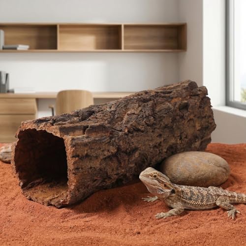 POPETPOP Reptile Hideout Cave with Hollow Tree Design, Natural Resin Material, Medium Size, Terrarium Habitat Shelter for Leopard Gecko, Lizard, Snake, Turtle, Hermit Crab | Round Cork Bark Tube, Wood Tree Trunk Shelter for Snakes, Lizards, Hermit Crabs,