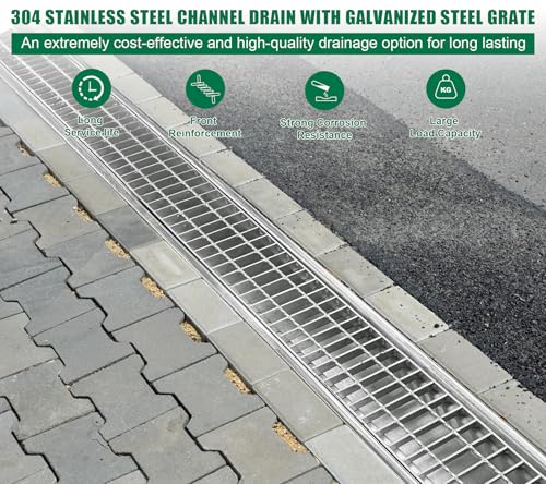 39.4x7.1x6.3in Stainless & Galvanized Steel Trench Drain | 304 B125 Driveway Heavy Duty Metal Channel Drainage System Durable Outdoor Garage Parking Lot Concrete Floor