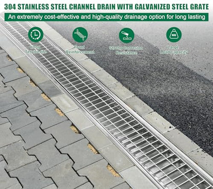 39.4x7.1x6.3in Stainless & Galvanized Steel Trench Drain | 304 B125 Driveway Heavy Duty Metal Channel Drainage System Durable Outdoor Garage Parking Lot Concrete Floor