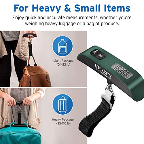 Etekcity Luggage Scale, Digital Weight Scales for Travel Accessories Essentials Suitcases , Portable Handheld Scale with Temperature Sensor, Rubber Paint, 110 Pounds, Battery Included | Travel Essentials, Air Travel, Suitcase, Hanging Hook, Rubber Grip, B