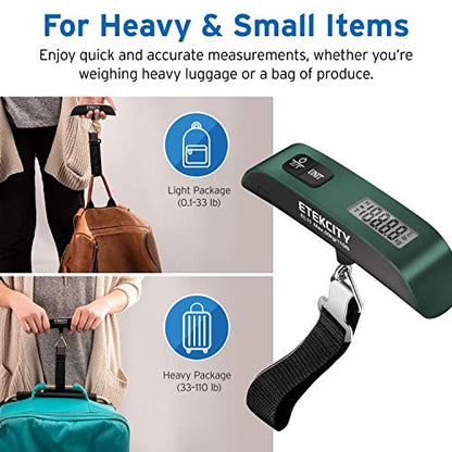 Etekcity Luggage Scale, Digital Weight Scales for Travel Accessories Essentials Suitcases , Portable Handheld Scale with Temperature Sensor, Rubber Paint, 110 Pounds, Battery Included | Travel Essentials, Air Travel, Suitcase, Hanging Hook, Rubber Grip, B