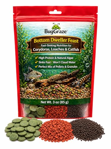 BugGraze Bottom Dweller Feast 3-in-1 Sinking Pellets, Wafers & Granules for Corydoras, Plecos & Loaches – Complete Aquarium Fish Diet – Clean Feeding, High Protein & Algae Blend – 3 oz