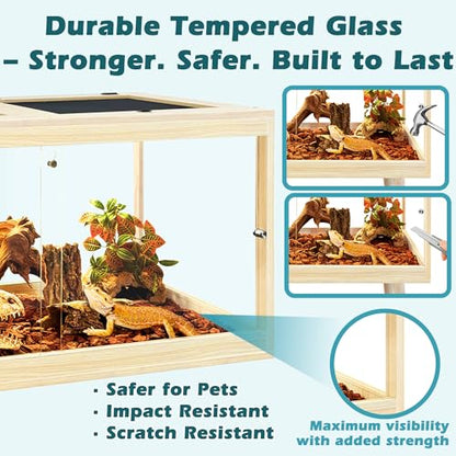 82 Gallon Bearded Dragon Tank, 48 x 20 x 20 Inch Tempered Glass Reptile Enclosure with Metal Mesh Top, Lockable Sliding Front Doors, Large Lizard and Snake Terrarium, Oak - color: Oak, size: 82 Gallon (48x19.5x19.5 Inch)