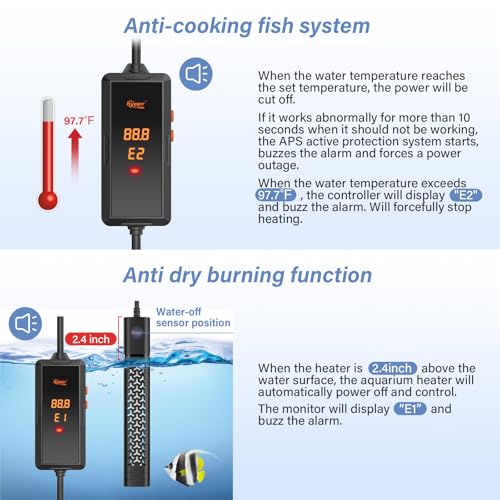 hygger 200w Aquarium Heater, Submersible Fish Tank Heater with Intelligent Temperature Control and Leaving Water Automatically Stop Heating System, for 20-40 Gallon Tanks - size: 200W (for 20-40 gallon)