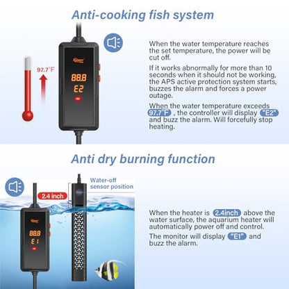 hygger 200w Aquarium Heater, Submersible Fish Tank Heater with Intelligent Temperature Control and Leaving Water Automatically Stop Heating System, for 20-40 Gallon Tanks - size: 200W (for 20-40 gallon)