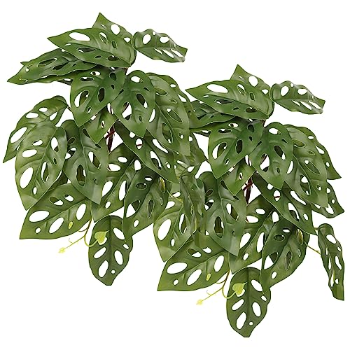 2Pack Fake Monstera Adansonii, Terrarium Plants with Suction Cups | For Arboreal Gecko Lizard Snake Terrarium Habitat - color: B-fake Swiss Cheese Plants Monstera Adansonii