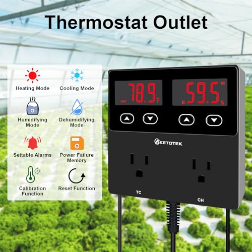 KETOTEK Digital Temperature and Humidity Controller Outlet, Reptile Thermostat Plug Dual Stage Pre-Wired for Mushroom Greenhouse Homebrew