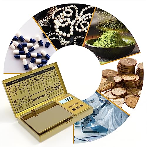 WEIGHTMAN Digital Scale Gram, 200g/0.01g Pocket Scale Gold Titanium Plating | LCD Backlit Display, Mini Jewelry Scale with 6 Units, Auto Off, Tare Function for Food, Coins, Battery Included - color: Gold