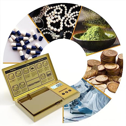 WEIGHTMAN Digital Scale Gram, 200g/0.01g Pocket Scale Gold Titanium Plating | LCD Backlit Display, Mini Jewelry Scale with 6 Units, Auto Off, Tare Function for Food, Coins, Battery Included - color: Gold